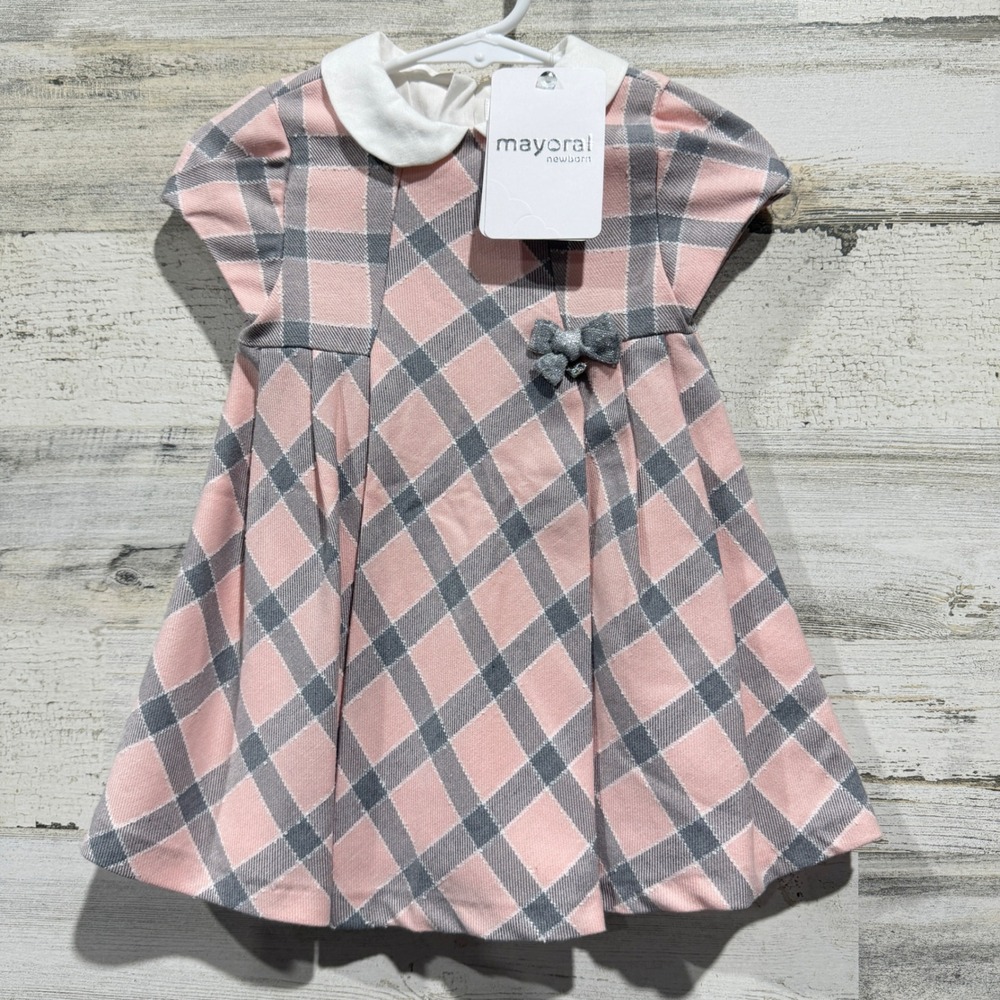 Mayoral Plaid Dress Girls 12M Pink Grey Peter Pan Collar Preppy NWT